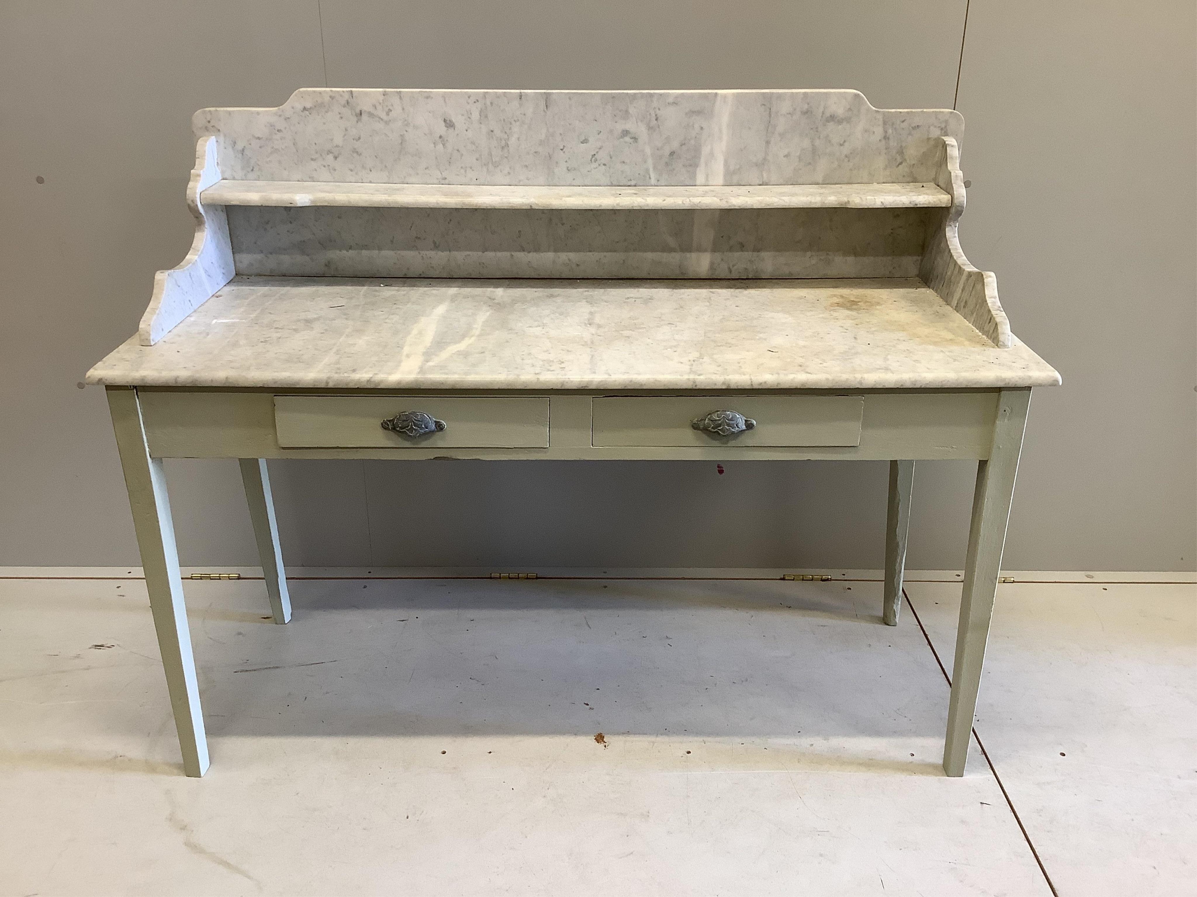 A late 19th century French painted beech washstand with marble top, width 140cm. Condition - fair